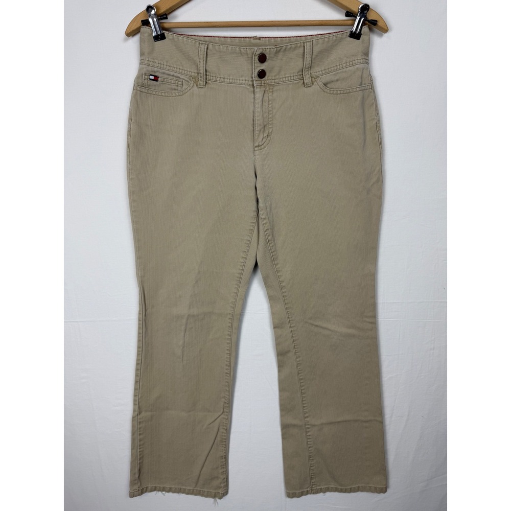 Tommy Hilfiger Corduroy Pants Women's 8 Tan Khaki Mid Rise Flare Raw Hem‎